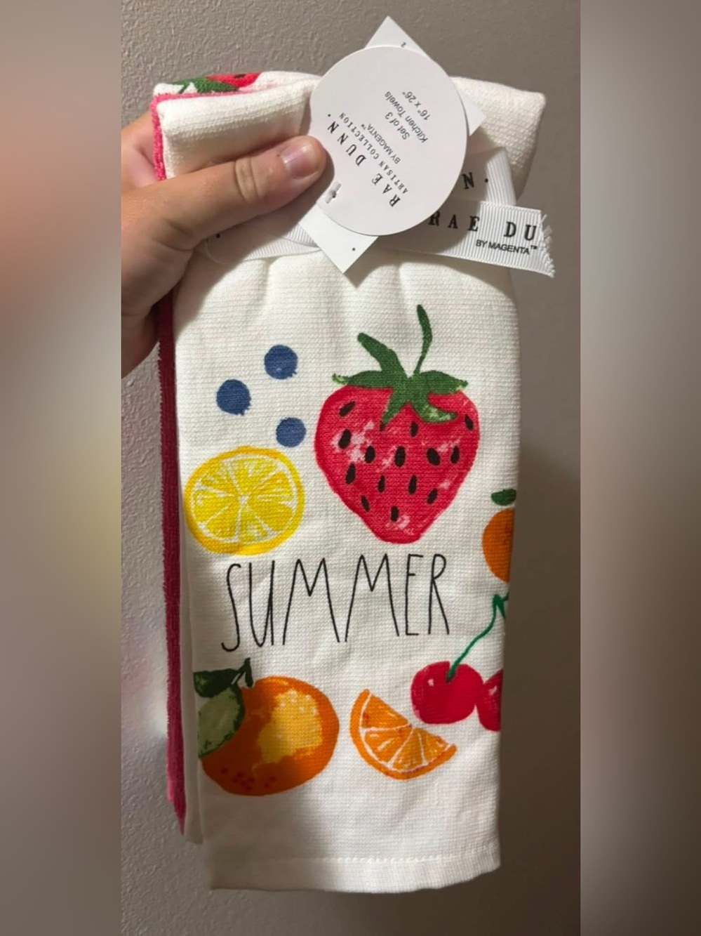 Rae Dunn Kids Summer Fruit Tea Towel - White with Red & Yellow Fruit Print